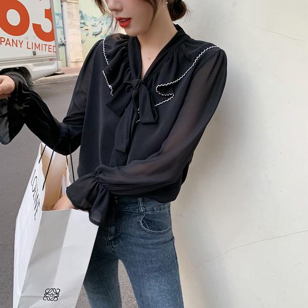 

fashion women's chiffon shirt 2021 spring style bow commuter strap solid color v-neck long-sleeved shirt, White
