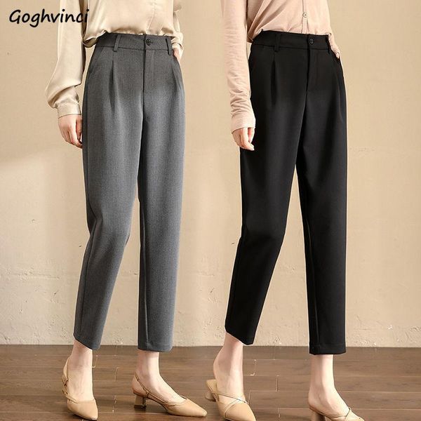 

women casual pants button ankle-length solid slim korean style chic all-match female trousers simple harajuku ulzzang, Black;white