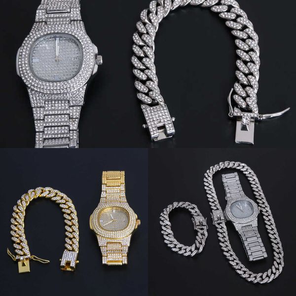 Collana in oro + orologio + bracciale hip-hop da uomo, catena di negozi Miami Cuba, diamante acqua ghiacciata, gioielli scintillanti, cantante rap, novità 2020 Q0809
