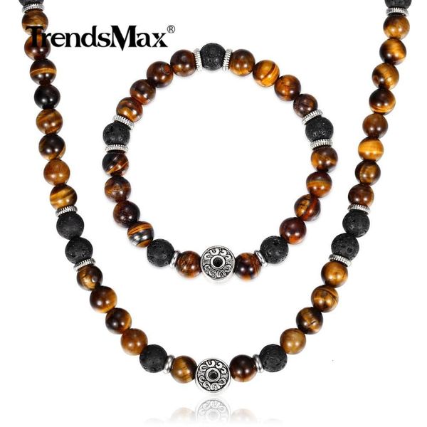 

jewelry sets natural tiger eyes stone bracelets necklace set for men women stainless steel lava bead male gift ds04, Black