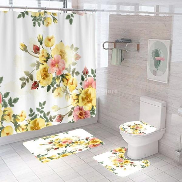 

shower curtains yellow flower romantic bathroom curtain bath sets toilet cover mat non-slip washroom rug set modern 180x180cm