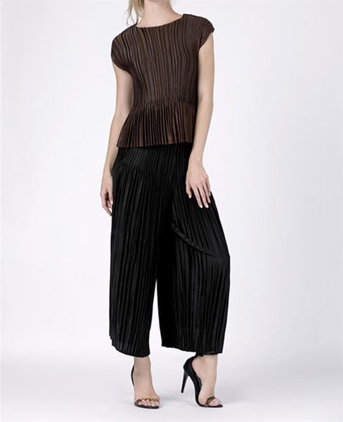 

women's two piece pants selling miyake fold solid short sleeve o-neck t-shirt + wide leg suit in stock, White