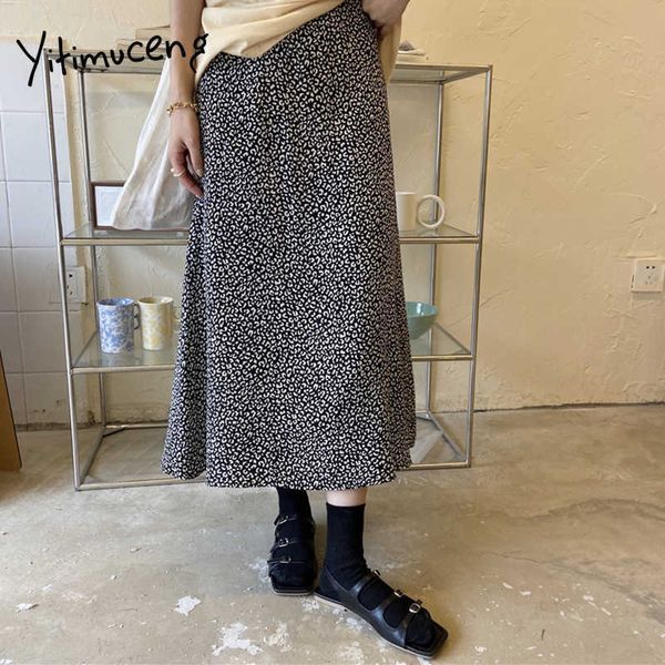 Yitimuceng saia vintage mulheres verão coreano moda casual leopardo midi saias zíper a-linha damasco roupas pretas 210601