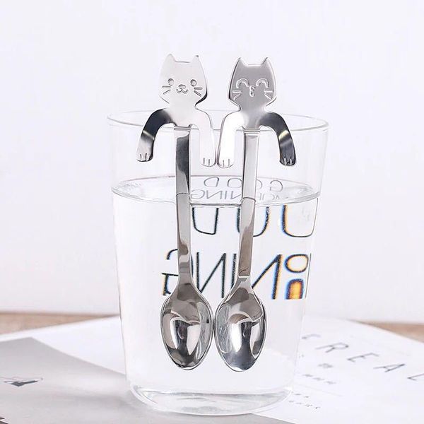 

spoons 11.8cm cute cat coffee spoon stainless steel teaspoon dessert snack scoop ice cream mini mixing kawaii tableware