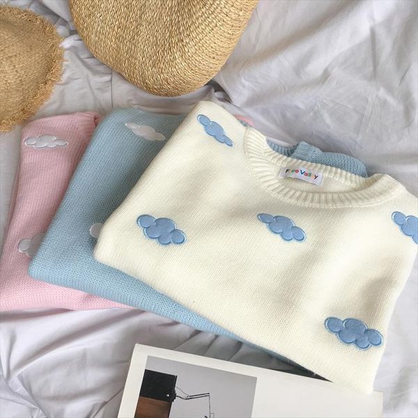 

cute clouds korean style womens women sweaters kawaii loose thick harajuku clothing for long sleeve vintage knitted, White;black