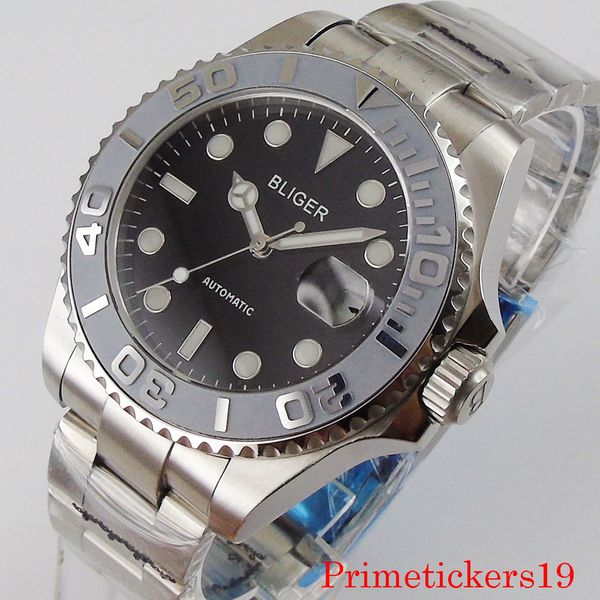 

luxury 40mm black sterile dial men auto date sapphire crystal mental bracelet miyota 8215 automatic watch, Slivery;brown