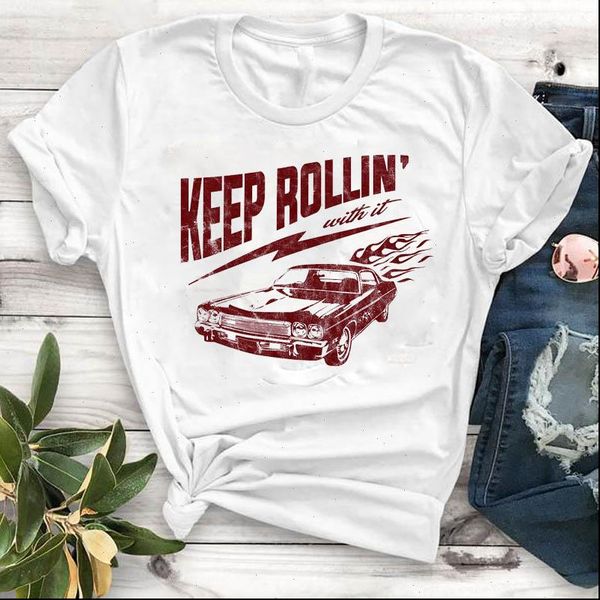 

women lady t shirt keep rollin car printed tshirt short sleeve loose tee shirt women female clothes graphic t shirt, White
