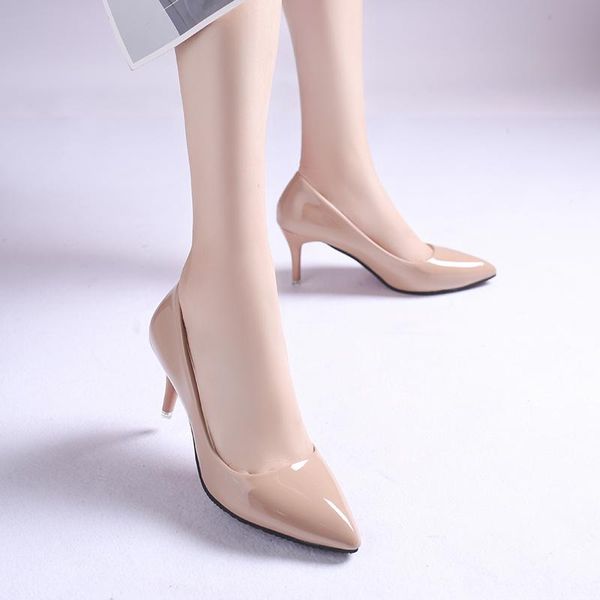 

dress shoes 2021 spring fashion woman pointed fine with heels shallow mouth high patent leather summer pumps mujer 7cm, Black