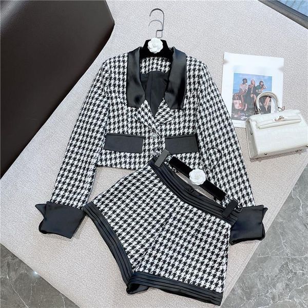 

women's tracksuits prepomp 2021 fall winter long sleeve turn down collar black white plaid woolen jacket high waist shorts two piece se, Gray