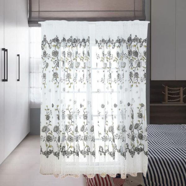 

200x100cm peony sheer curtain tulle window treatment voile drape valance (gray)