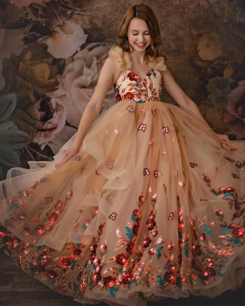 

girl's dresses champagne lace 2021 flower girl ball gown tulle pearls little wedding communion pageant dress, Red;yellow