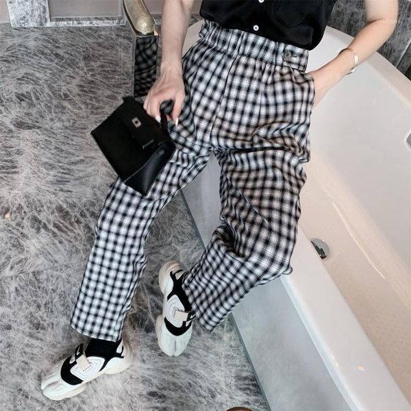 

women's pants & capris 2021 high waist casual loose harlan black and white plaid straight fashion, Black;white