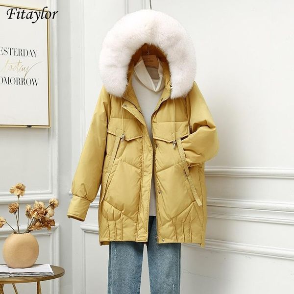 

women's down & parkas fitaylor winter large real fur collar hooded feather medium length jacket women fashion coat straight warm thick, Black