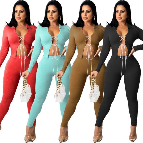

women's two piece pants deep v neck cross lace up tracksuit women casual knitted rib turn-down collar crop + leggings set club outf, White