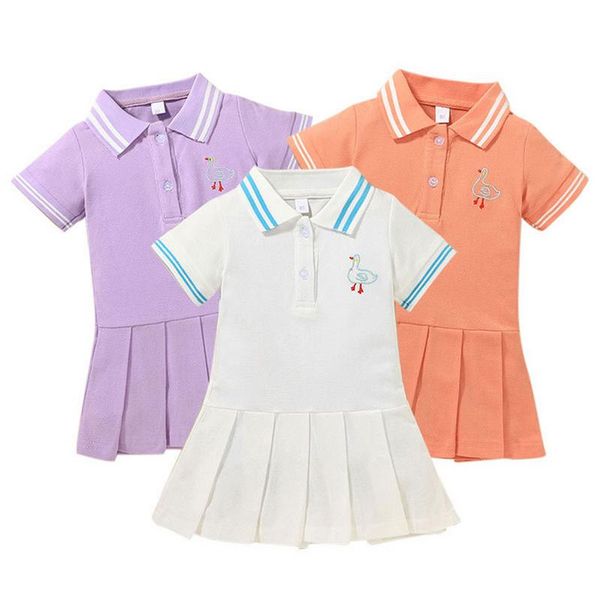 

girl's dresses children duck embroidery a-line dress, girls short sleeve lapel neck pleated college style dress with buttons, Red;yellow