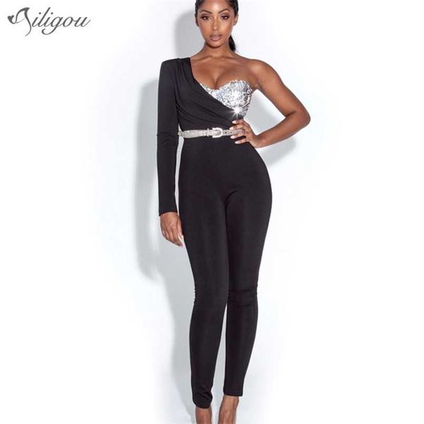 Bodycon Jumpsuit sexy um ombro lantejoulas negras mulheres celebridades clube de festa 210525