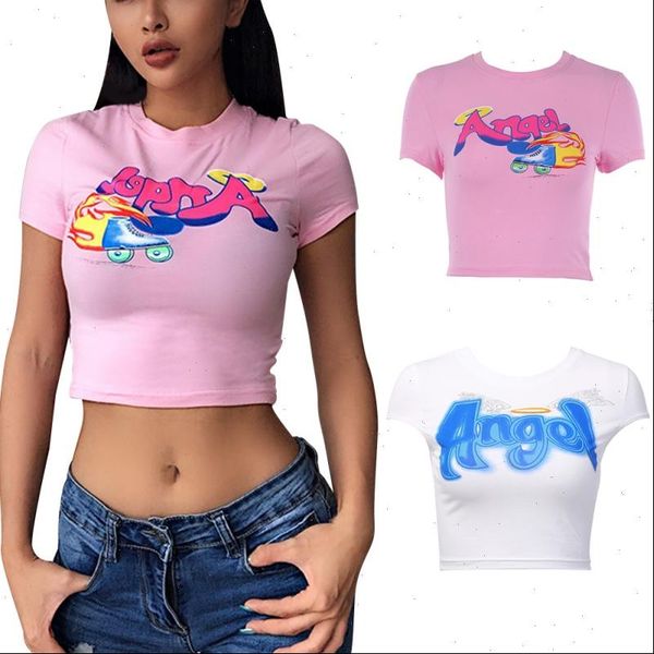 

girls short sleeve summer tshirt slim short cropped navel shirt women angel cute print t shirt, White