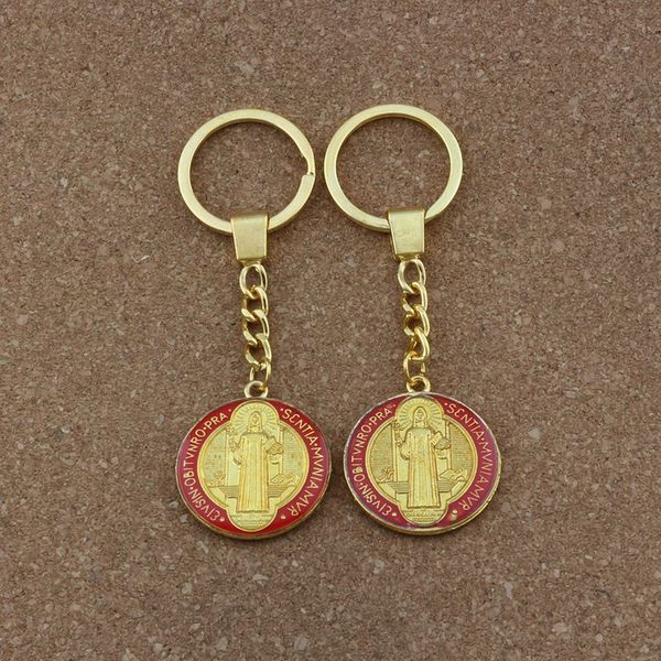 

30mm Keychain Red Enamel Round Benedict Medal Pendant Cross Christian Key Ring Travel Protection 20pcs/lots A-443f, Silver