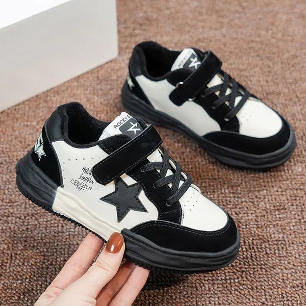 

selling baby boy gril fleece sneakers toddler classic children kids sport leather star warm flat shoes, Black