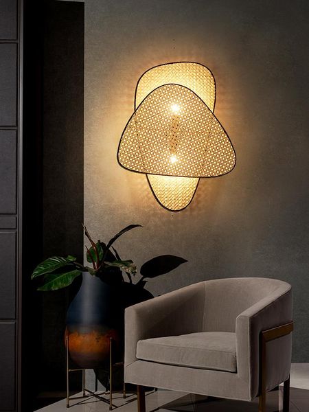 

japanese minimalist rattan woven wall lamp tatami individual home decor wall sconces bedroom bedside lamp corridor aisle cafe