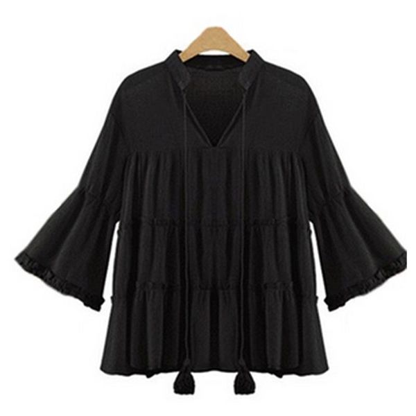 

women's blouses & shirts xl-5xl casual women v neck flare sleeve plus pleated ruffled tee chiffon shirt blouse, White