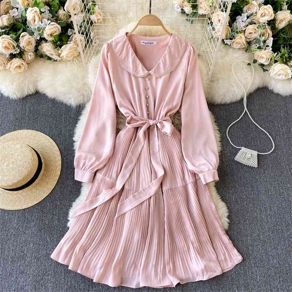 

women fashion retro a-line dress baby collar long sleeve pleated beads vintage party clothes vestidos r336 210527, Black;gray