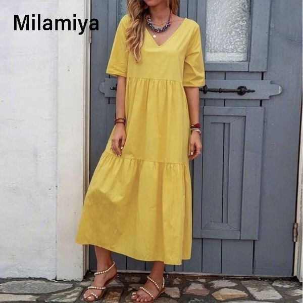 

casual dresses summer dress 2021 women short sleeve v-neck solid sundress loose ruffles long maxi femme party robe, Black;gray