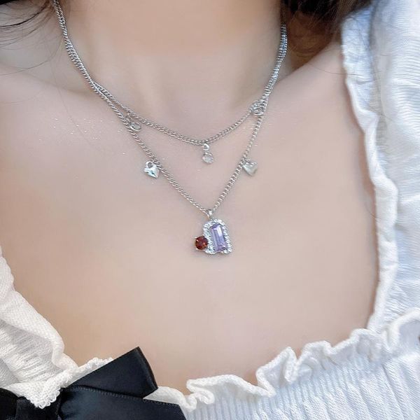 

pendant necklaces u-magical fashion geometric red purple rhinestone double layer necklace for women love heart metallic jewellery, Silver