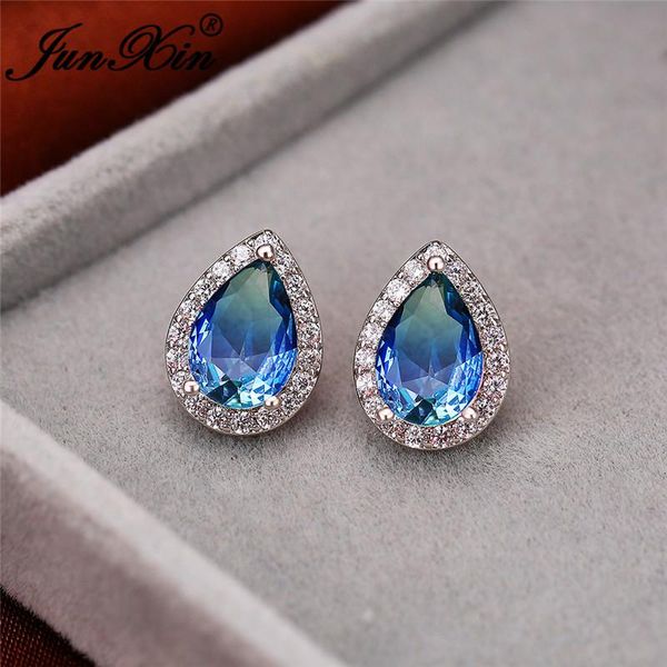 

stud pear cut water drop crystal wedding earrings for women silver color rainbow fire zircon green blue pink ear studs gifts, Golden;silver