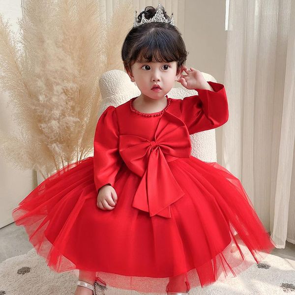 

girl's dresses girls' big bow long sleeve dress baby birthday 70 80 90 100cm, Red;yellow