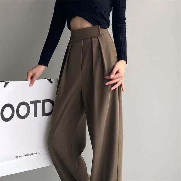 

houzhou brown wide leg women's classic suit pants vintage palazzo office elegant casual balck trousers female high wasit pants 211216, Black;white
