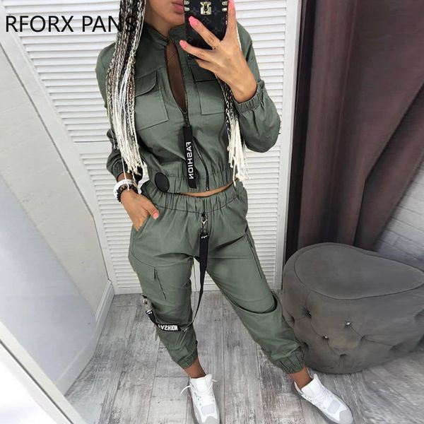 

women tracksuits soild pockets zipper design ruched coat & cargo pants sets casual womens set european and american, Gray