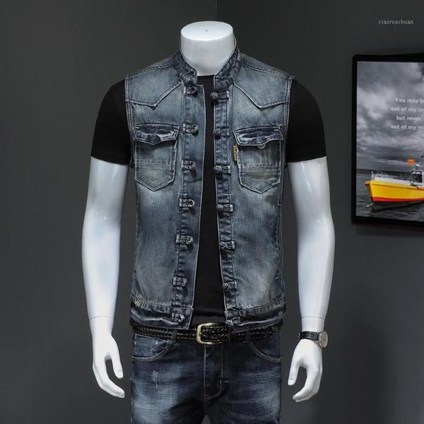 

men's vests chinese style mens denim vest vintage casual slim sleeveless jean jacket retro button design spring summer waistcaot for me, Black;white
