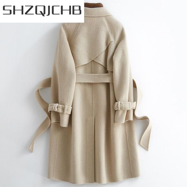 

women's wool & blends shzq autumn winter coat female 100% jacket women clothes 2021 korean elegant belt alpaca vintage woolen 05651, Black
