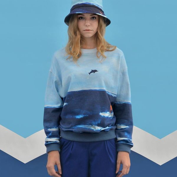 

women's hoodies & sweatshirts 2021 spring original design women sweatshirt ocean printed cotton long sleeve round neck, Black