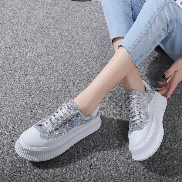 

brand women trend shine sneakers med thick heels ladies platform shoes personality casual lace-up shoes trainer footwear aa-467