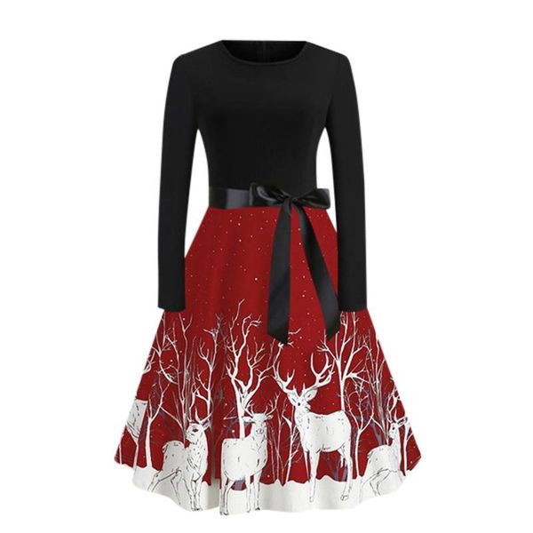 

40# women christmas dress elegant vintage elk printed dress winter plus size long sleeve party swing robe vestidos, Black;gray