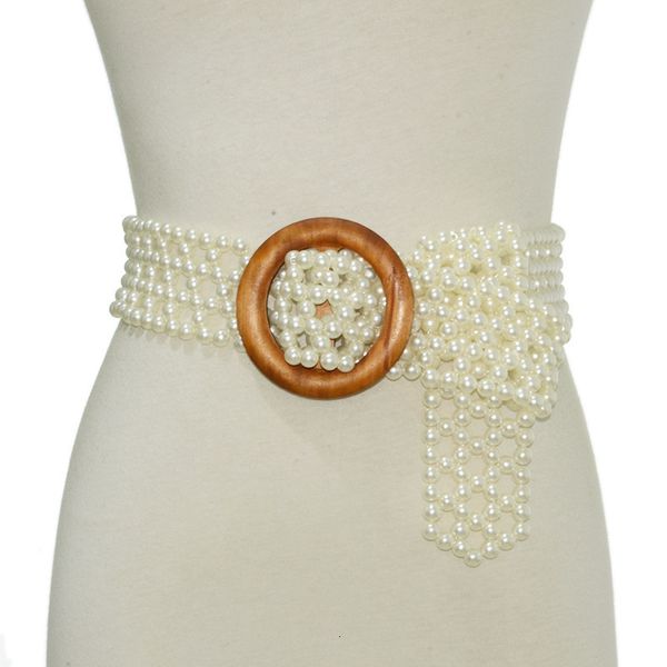 

super wide seven row string sewing pearl wide waist chain women's new sweet and lovely elastic pearl wide belt, Black;brown
