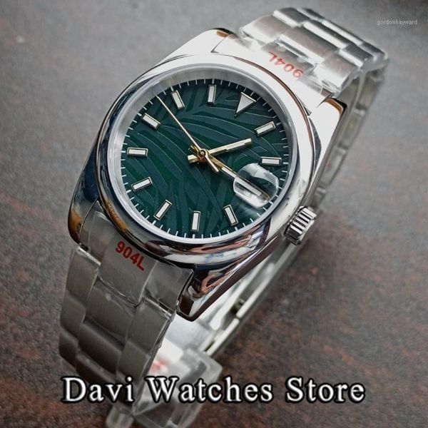 

wristwatches sterile 36mm/39mm green leaves nh35a mens watches palm dial sapphire glass luminous automatic male watch, Slivery;brown