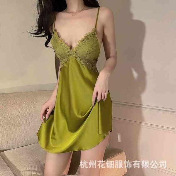 

xuanxuan rabbit ice silk backless breast pad sling lace nightdress tempting women's thin home pajamas, Black;white