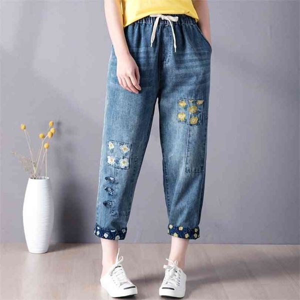 

9260 women summer fashion elastic high waist floral embroidery patchwork retro ankle length denim pant female casual loose jeans 210924, Blue