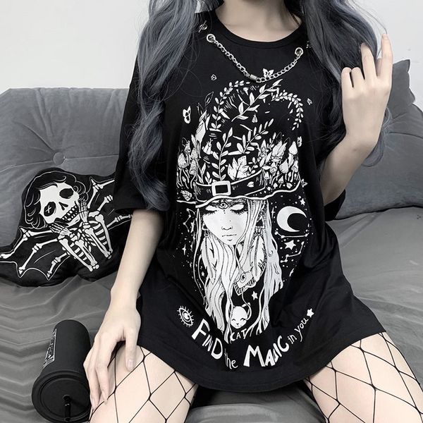 

vintage oversized t-shirts gothic swith print loose women black t-shirt streetwear casual o-neck punk long, White