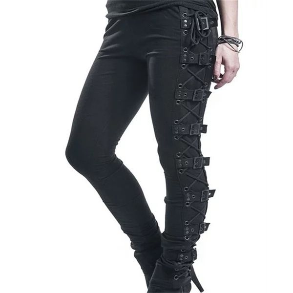 Rosetic Lace Up Casual Cargo Hosen Frauen Schnalle Gothic Punk Rock Dunkelschwarz Pantalons Hohe Taille Hosen Plus Größe Hosen s-5XL 201113