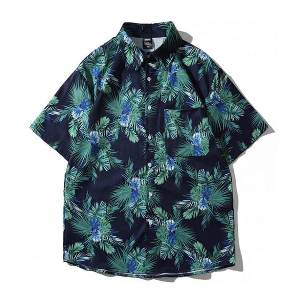 

men's casual shirts 2021 summer holiday shirt korean fashion short sleeve loose lapel hawaiian flower wear, White;black