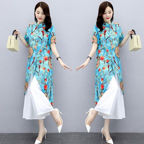 

women's tracksuits 2021 summer two piece sets outfits women plus size floral printed long blouses and wide leg pants suits vintage eleg, Gray