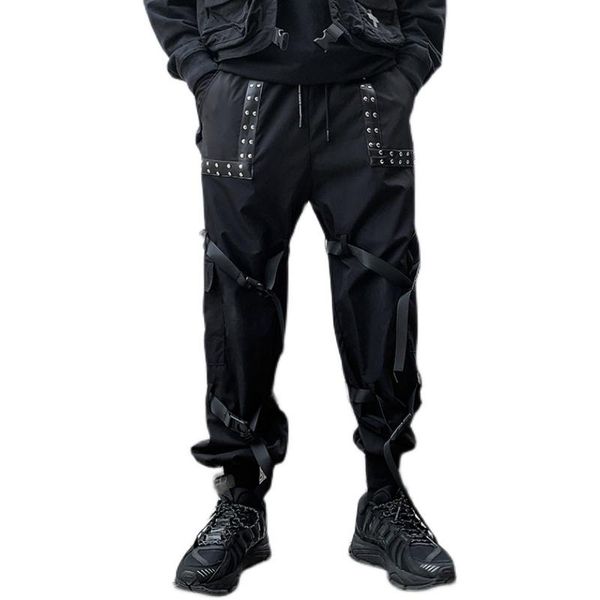 

ribbons pocket men cargo pants 2021 spring new japanese hip hop jogger pant fashion male clothing casual vintage men trousers, Black