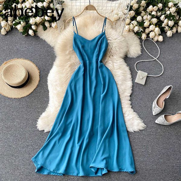 

women satin strap dress summer v neck backless midi long dress off shoulder sleeveless a line dress french style 210715, Black;gray