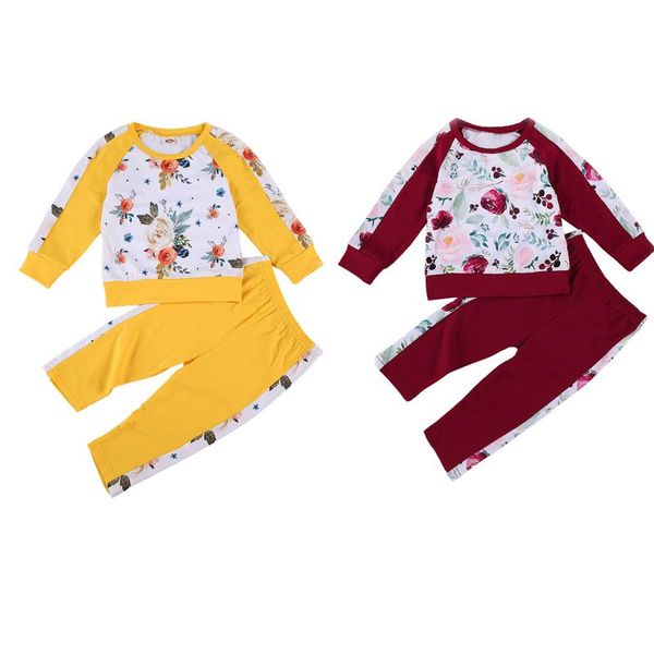 Set di abbigliamento 1-5 anni Abiti sportivi autunnali Bambino Bambino Ragazza Ragazzi Stampa fiore rosa Felpe con cappuccio + pantaloni patchwork rosso/giallo