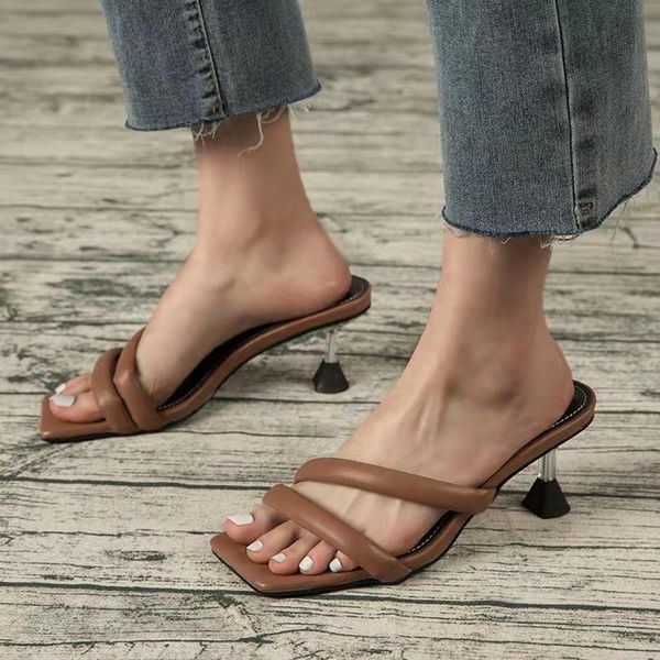

sandals 2021 summer fashion stiletto square high heel ladies slippers shoes women street slides wine glass with shoe, Black