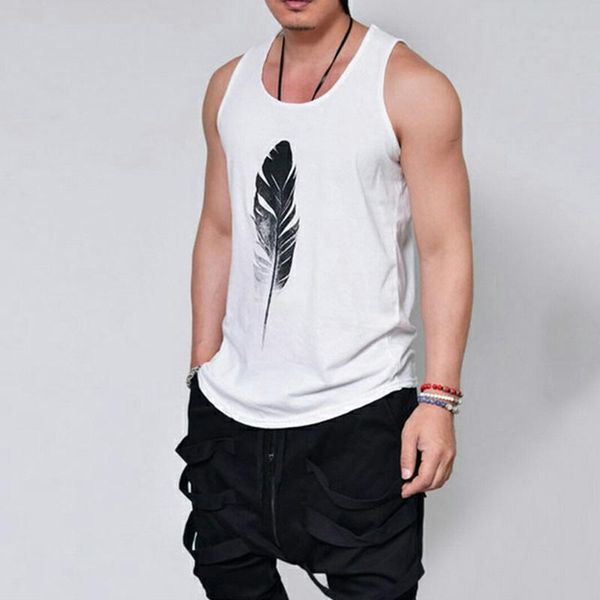

running jerseys 2021 sport art feather print casual t-shirt men o-neck tank tee shirt fashion sleeveless vest for male clothing, Black;blue